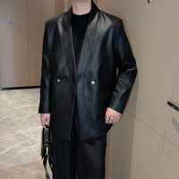 Autumn Winter Temperament Loose Leather Jacket Men Casual Collarless Blazers Men's Double Breasted Social PU Leather Jackets