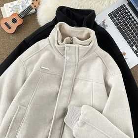 Fake two pieces woolen jackets men women spring autumn high-end feel coat Korean preppy elegant cool loose stand collar jacket