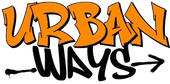 Graffiti-style text 'URBAN WAYS' in orange and black on a white background