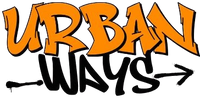 Graffiti-style text 'URBAN WAYS' in orange and black on a white background