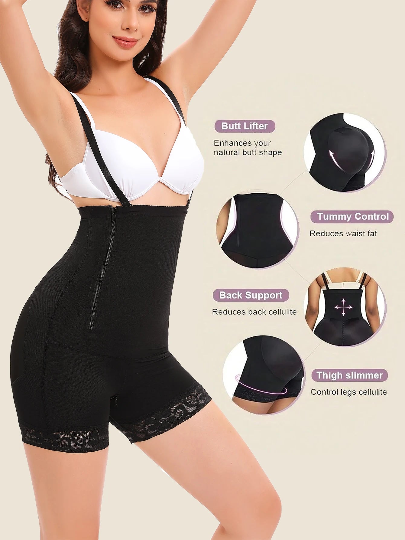 Women's High Waist Shapewear Bodysuit with Side Zipper, Adjustable Straps, Lace Trim, Tummy Control Butt Lifter Body Shaper