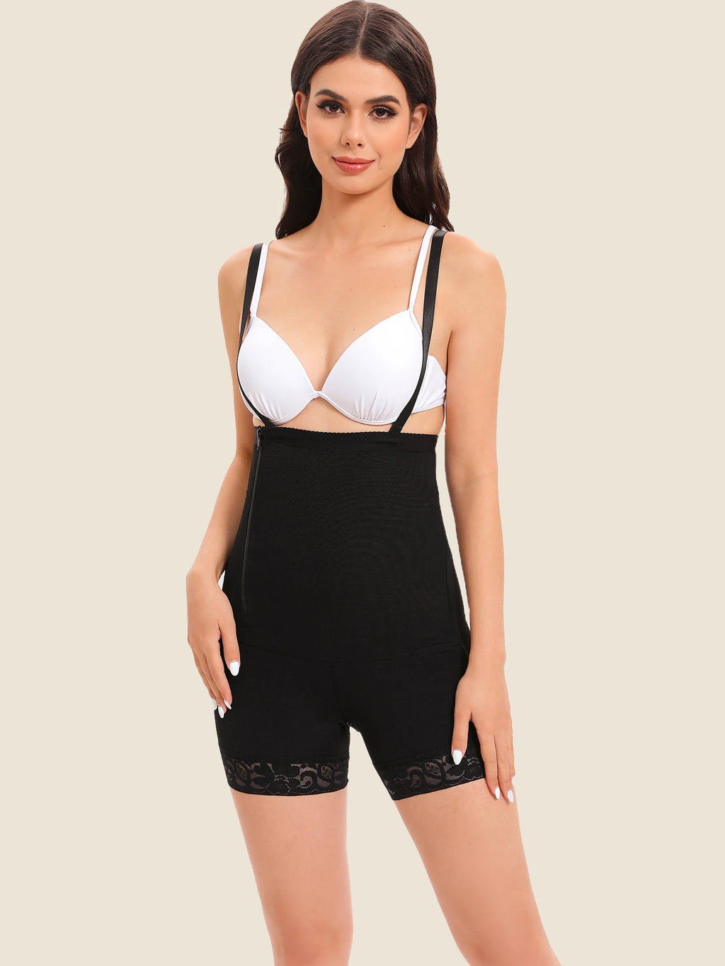 Women's High Waist Shapewear Bodysuit with Side Zipper, Adjustable Straps, Lace Trim, Tummy Control Butt Lifter Body Shaper
