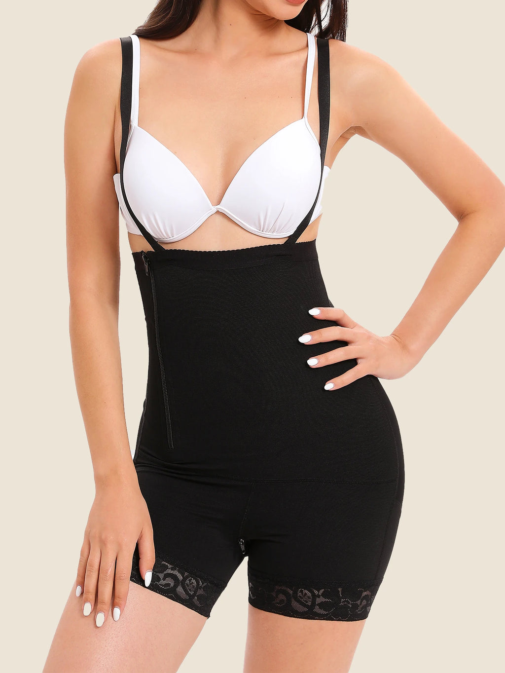 Women's High Waist Shapewear Bodysuit with Side Zipper, Adjustable Straps, Lace Trim, Tummy Control Butt Lifter Body Shaper