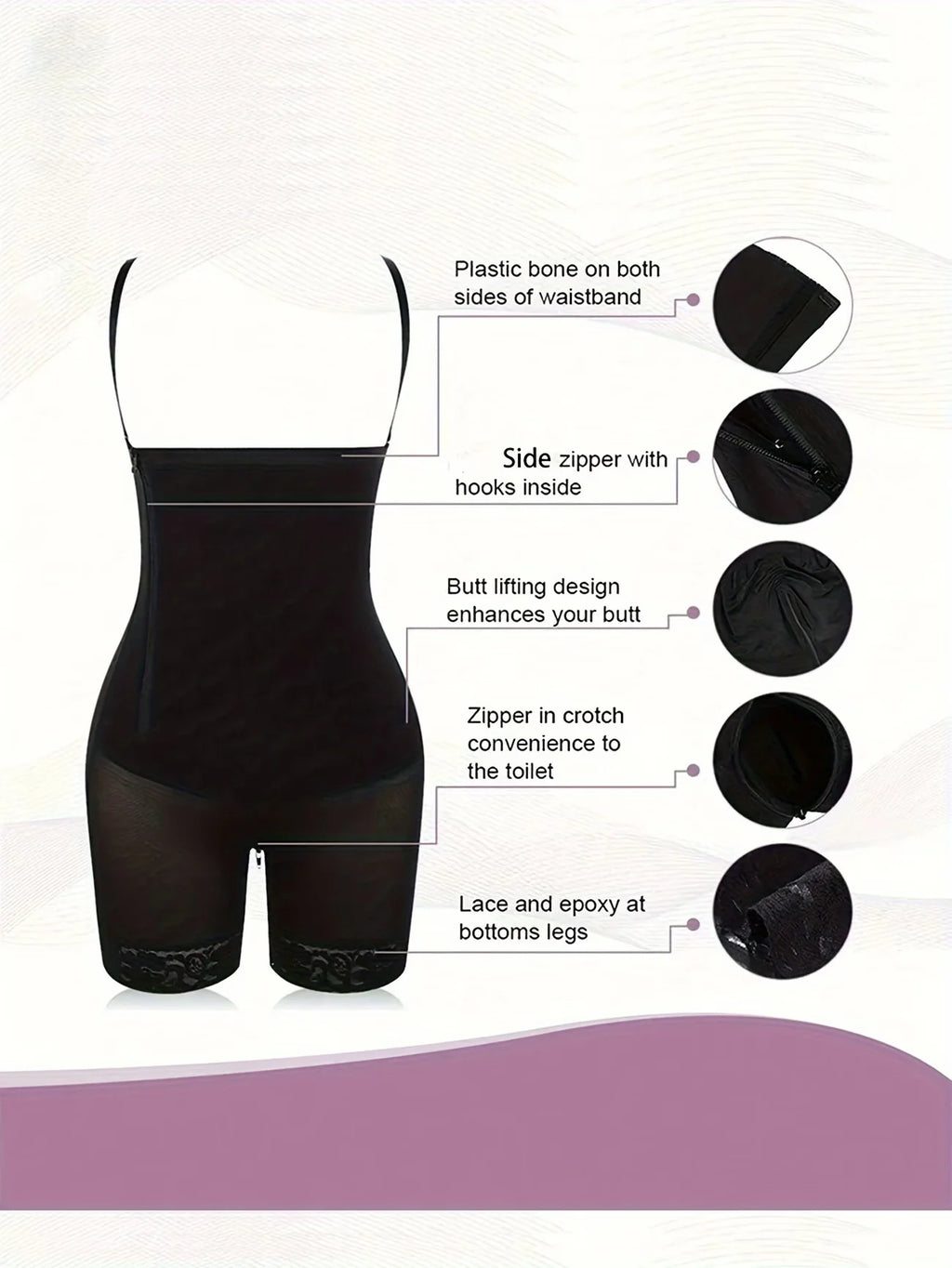 Women's High Waist Shapewear Bodysuit with Side Zipper, Adjustable Straps, Lace Trim, Tummy Control Butt Lifter Body Shaper