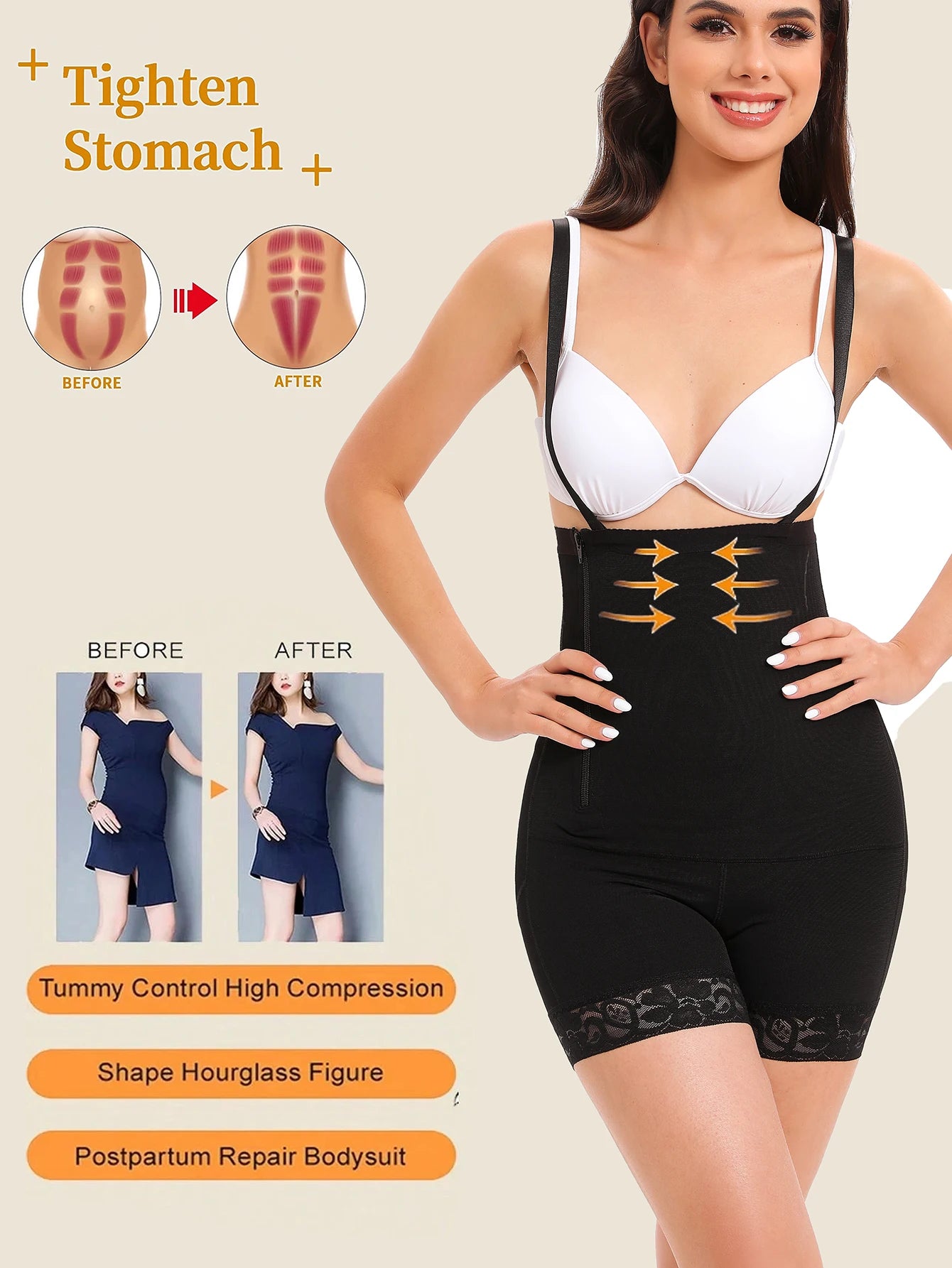 Women's High Waist Shapewear Bodysuit with Side Zipper, Adjustable Straps, Lace Trim, Tummy Control Butt Lifter Body Shaper