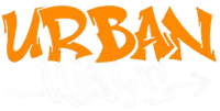 Graffiti-style text 'URBAN WAYS' in orange and black on a white background